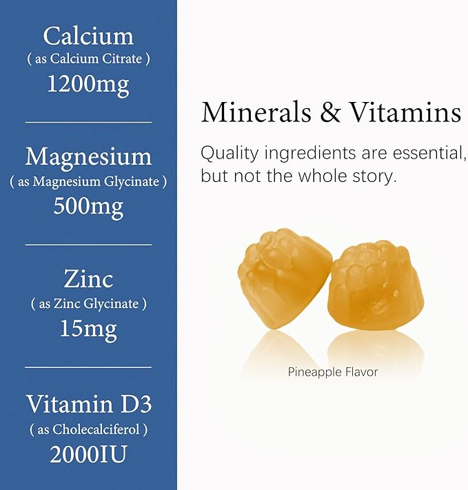 Calcium 1200 mg with Vitamin D3 Gummies, Calcium Citrate Supplements for Women & Men with Magnesium, Zinc, Vitamin D3 & K2, Potassium, Chews for Bone Strength & Muscle Support, Sugar Free, Vegan