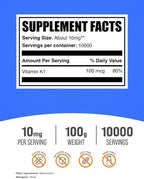 BulkSupplements.com Vitamin K1 Powder - Vitamin K1 Supplement for Bone and Heart Health Support - Gluten Free, 10mg per Serving, 100g (3.5 oz) (Pack of 1)