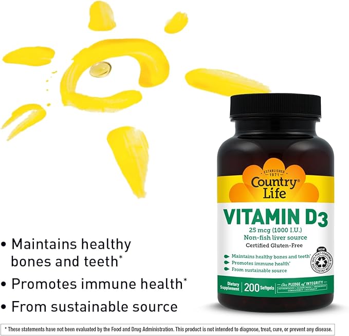 Country Life Vitamin D3 1000 IU (25 mcg) - Vitamin D Supplements - Immune Support, Supports Bones, Teeth & Muscles, Gluten-Free, Non-GMO, – 200 Softgels, 200 Servings