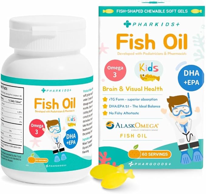 Kids' Fish Oil – 272mg Omega-3 DHA & EPA for Brain, Vision & Immune Support – Orange Flavor Fish-Shaped Soft Gels – 60 Servings