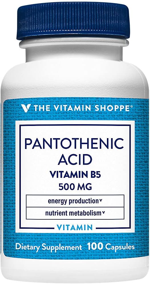 The Vitamin Shoppe Pantothenic Acid 500mg Vitamin B5 - Energy Production & Hair Skin Nails | Essential B Vitamin | 100 Capsules | Beauty
