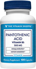 The Vitamin Shoppe Pantothenic Acid 500mg Vitamin B5 - Energy Production & Hair Skin Nails | Essential B Vitamin | 100 Capsules | Beauty