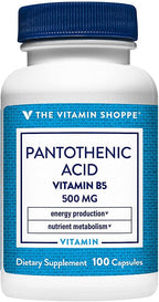 The Vitamin Shoppe Pantothenic Acid 500mg Vitamin B5 - Energy Production & Hair Skin Nails | Essential B Vitamin | 100 Capsules | Beauty