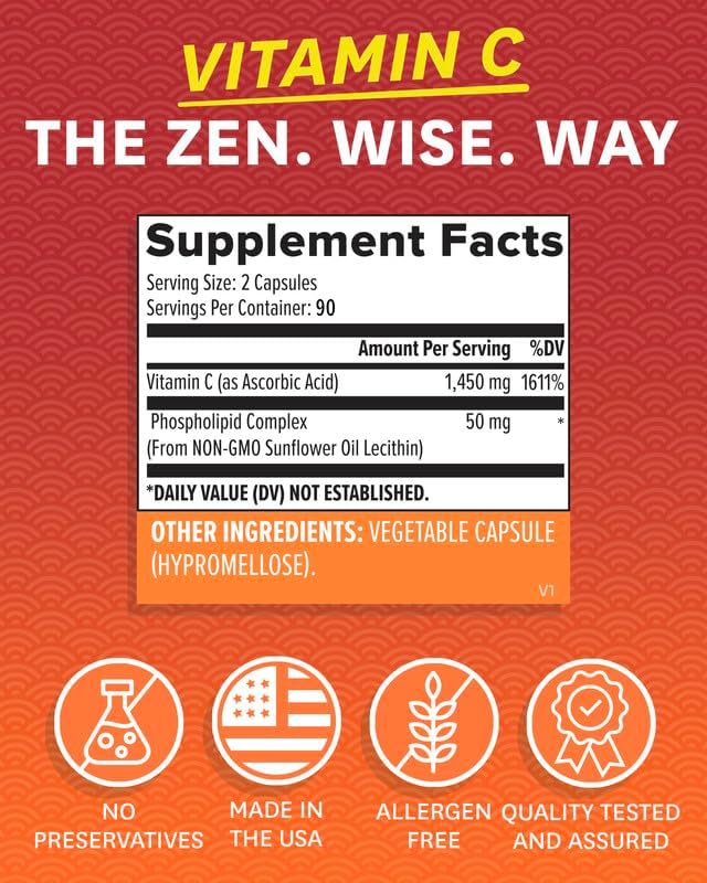 Zenwise Health Enhanced Absorption Liposomal Vitamin C Supplement - 1500mg Liposomal VIT C for Immune Support, Antioxidant & Natural Energy Boost - Organic & Gluten Free - Unflavored, 180 Capsules