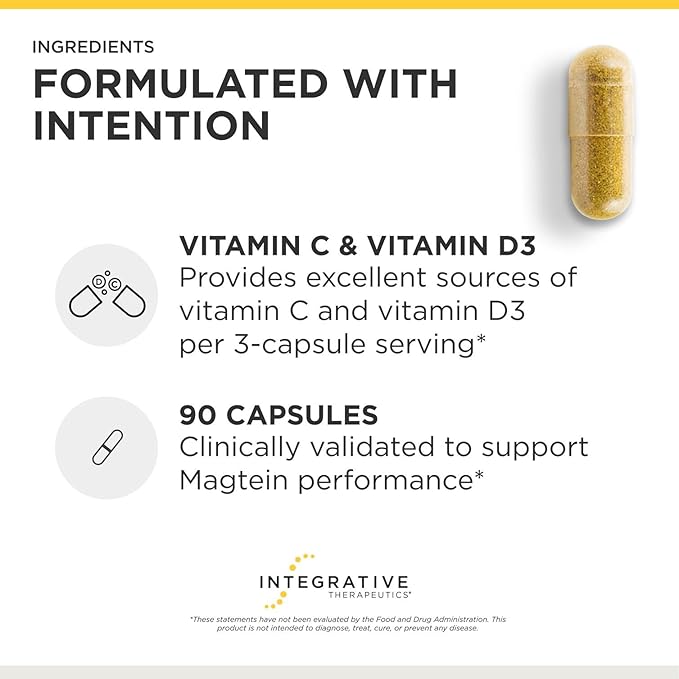 Integrative Therapeutics Magtein L-Threonate Plus - Brain Function Supplement to Support Short-Term Memory* - Includes Vitamin C, D3 & Magnesium - Dairy-Free & Gluten-Free - 90 Capsules (30 Servings)