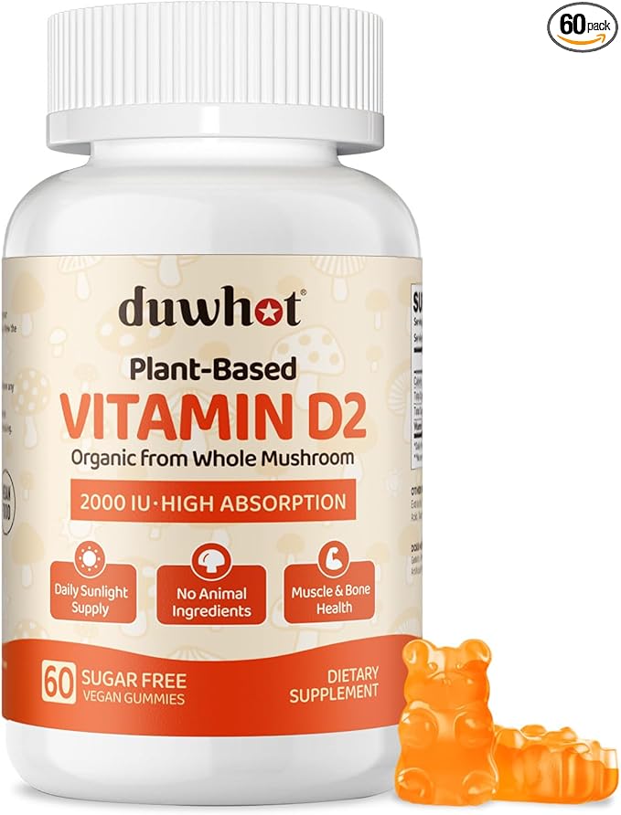 duwhot Vitamin D2 Gummies 2000 IU, Plant-Based Vitamin D Supplement from Whole Mushroom, for Bone, Muscle & Immune Support, Daily Sunshine Supply, Vegan, Non-GMO, Orange, 60 Chews