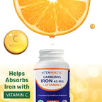 Vitamatic Carbonyl Iron 65 mg with Vitamin C – Gentle Iron Supplement for Energy & Immune Support – High Absorption – 120 Tablets