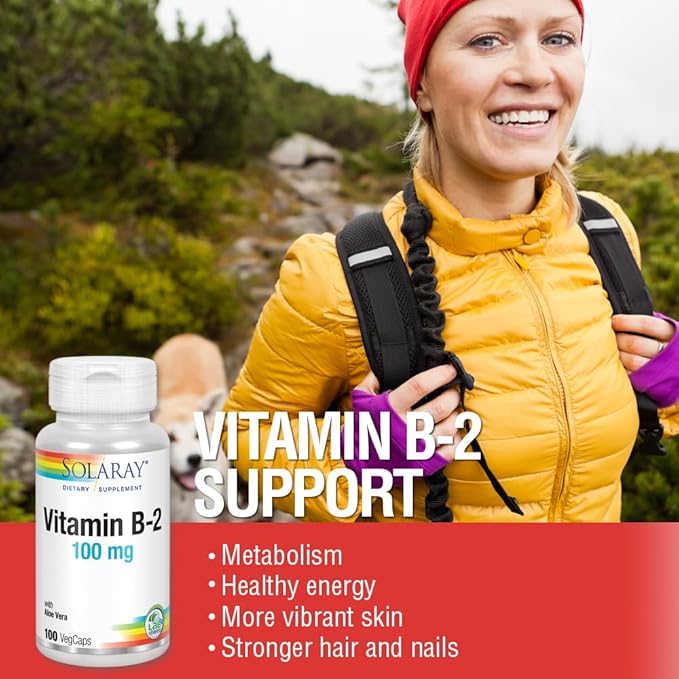 SOLARAY Vitamin B2 Supplement 100 mg for Men & Women - Riboflavin Vitamin B-2 Caps for Cellular Energy Support, Vit B2 100mg, Vegan, Non-GMO - 100 Veg Capsules