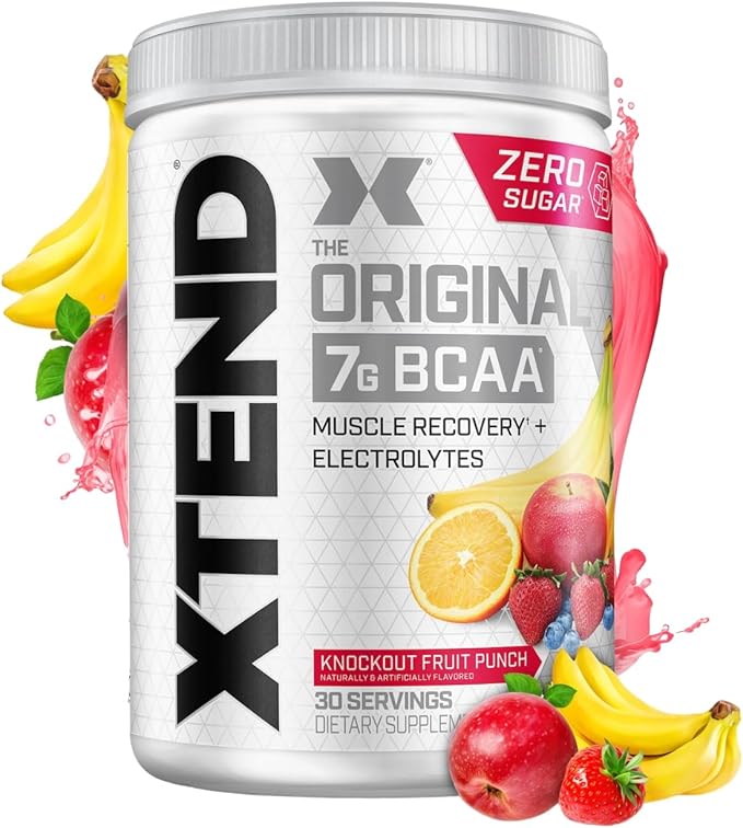 Xtend Original BCAA Powder, 7g BCAAs and 2.5g L-Glutamine for Muscle Recovery Hydration and Lean Muscle, Sugar Free Intra and Post Workout Drink with Electrolytes, Knockout Fruit Punch, 30 Servings