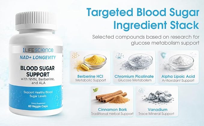 1LifeScience Blood Sugar Blend Supplement – NMN, Urolithin A, Berberine & Alpha Lipoic Acid – NAD+ Support Formula – cGMP Made in USA – 60 Veg Caps