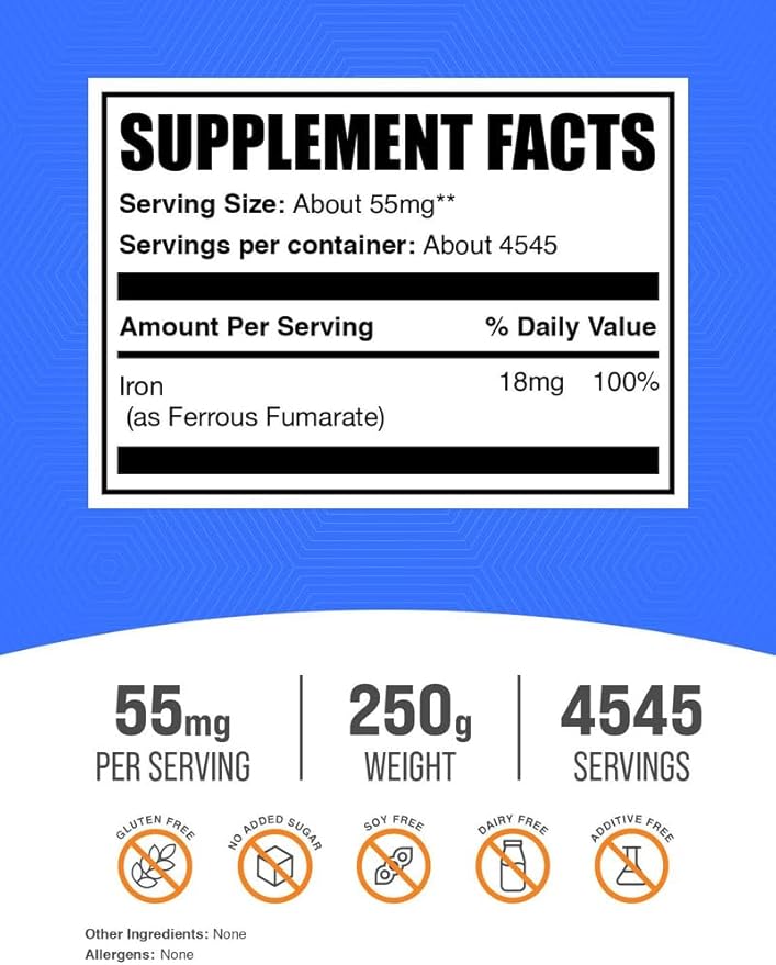 BulkSupplements.com Ferrous Fumarate Powder - Essential Mineral, Iron Supplement for Men and Women - Gluten Free, 55mg per Serving, 250g (8.8 oz) (Pack of 1)
