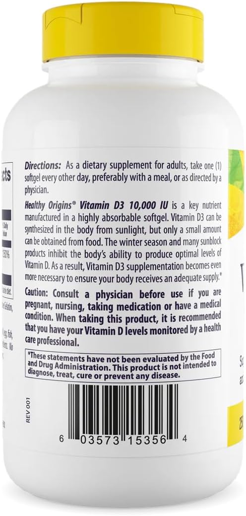 Healthy Origins Vitamin D3 10,000 IU (250 mcg), 360 Liquid Softgels - High Potency Sunshine Vitamin Supplement - Supports Strong Bones, Healthy Teeth & Immune System Function