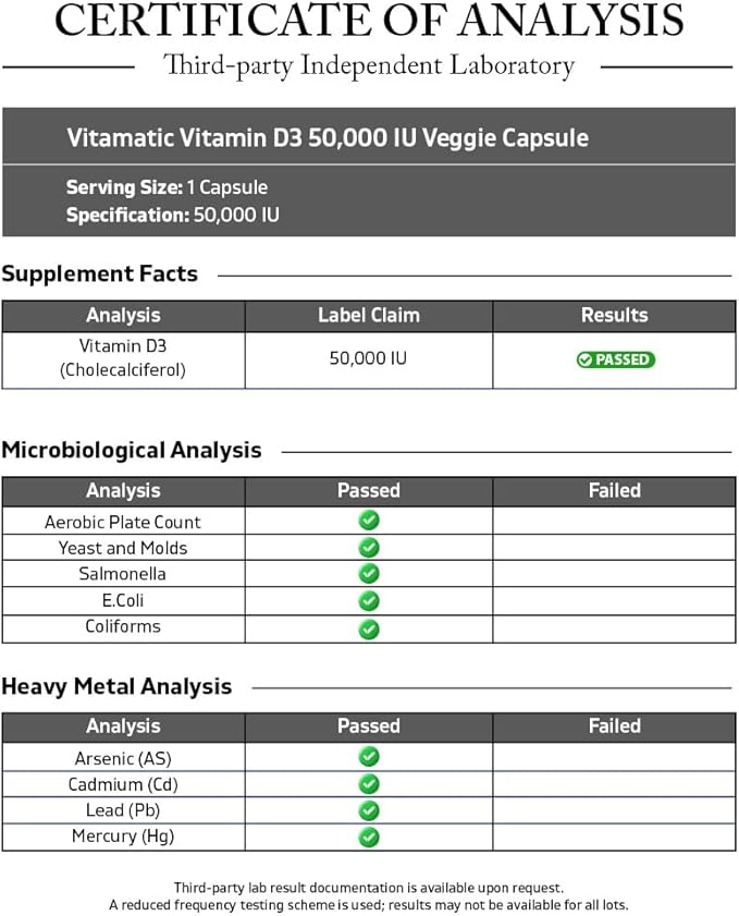 Vitamatic Vitamin D3 50,000 IU (as Cholecalciferol), Once Weekly Dose, 1250 mcg, 60 Veggie Capsules 1 Year Supply, Progressive Formula Helping Vitamin D Deficiencies (60 Count (Pack of 1))