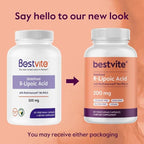 BESTVITE R-Lipoic Acid 200mg Stabilized with Bio-Enhanced Na-RLA (60 Vegetarian Capsules) - No Stearates - No Fillers - Vegan - Gluten Free - Non GMO