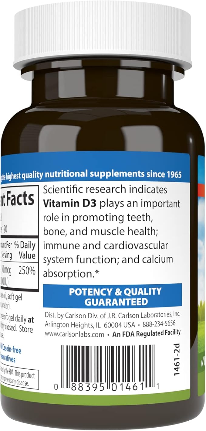 Carlson - Vitamin D3, 2000 IU (50 mcg), Immune Support, Bone Health, Muscle Health, Cholecalciferol, Vitamin D Supplements, Vitamin D3 Soft Gels, 120 Softgels