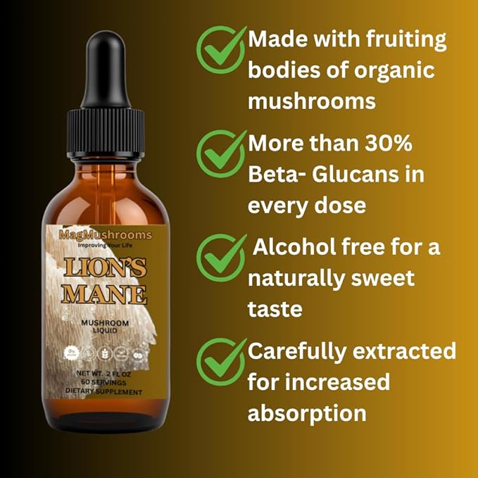 Lion’s Mane Mushroom Liquid Extract, High Potency, Alcohol Free, 60 Daily Doses for Brain Health