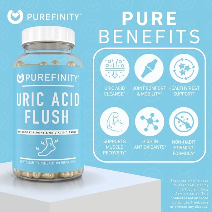 PUREFINITY Uric Acid Flush & Cleanse Capsules – Daily Joint Support for Adults with Tart Cherry Extract, Turmeric, Celery Seed, Chanca Piedra, and Bromelain (30 Count)