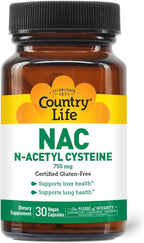 Country Life N-Acetyl Cysteine (NAC) 750 mg – Premium Liver Support and Lung Health Supplement – Powerful Antioxidant Protection, Liver Detox & Cleanse, Immune Support, 30 Vegetarian Capsules