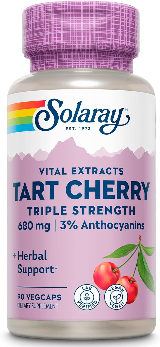 SOLARAY Triple Strength Tart Cherry Extract with 3% Anthocyanins - Tart Cherry Capsules for Healthy Uric Acid Levels and Muscle Recovery Support, Vegan, 60-Day Guarantee, 45 Servings, 90 VegCaps