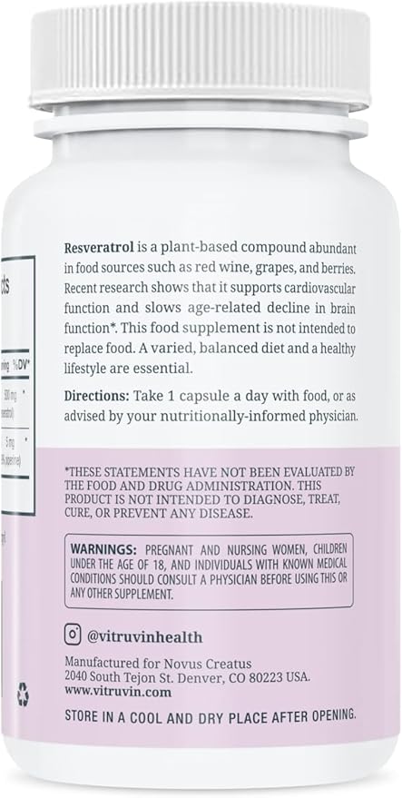 VITRUVIN Trans-Resveratrol Supplement 500mg, 3 Bottles Pack, Vegan, Non-GMO, Gluten-Free, Gelatin-Free.