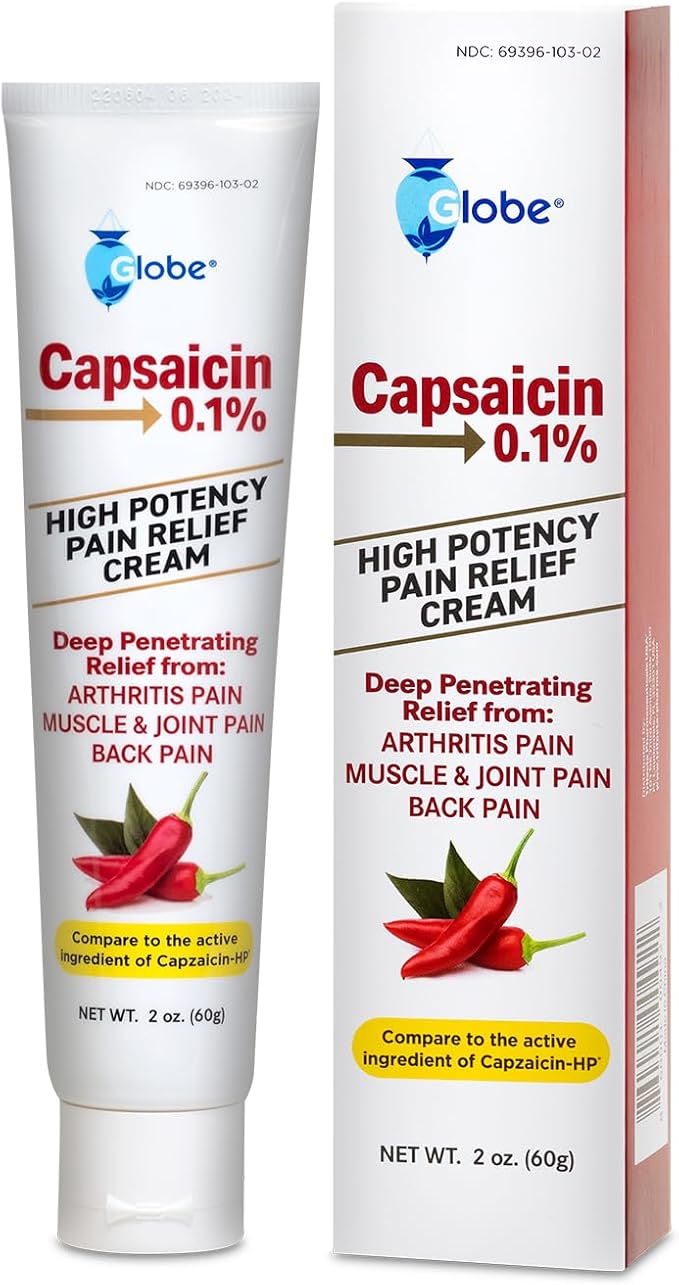 Globe (3 Pack) Capsaicin 0.1% High Potency Pain Relief Cream, Unscented (2 oz) Deep Penetrating Relief from: Arthritis, Muscle, Joint and Back Pain