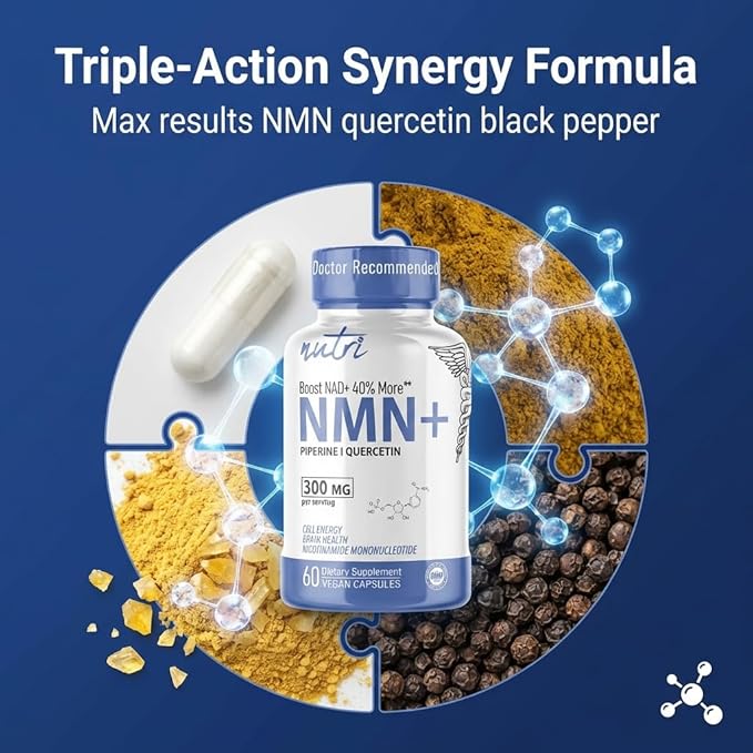 Nutri NMN Supplement 300mg NAD Supplement - Ultra High Absorption Stabilized NMN Nicotinamide Mononucleotide, 40% More NAD+ with Quercetin Phytosome & Black Pepper - mnm Supplement (60 Capsules)