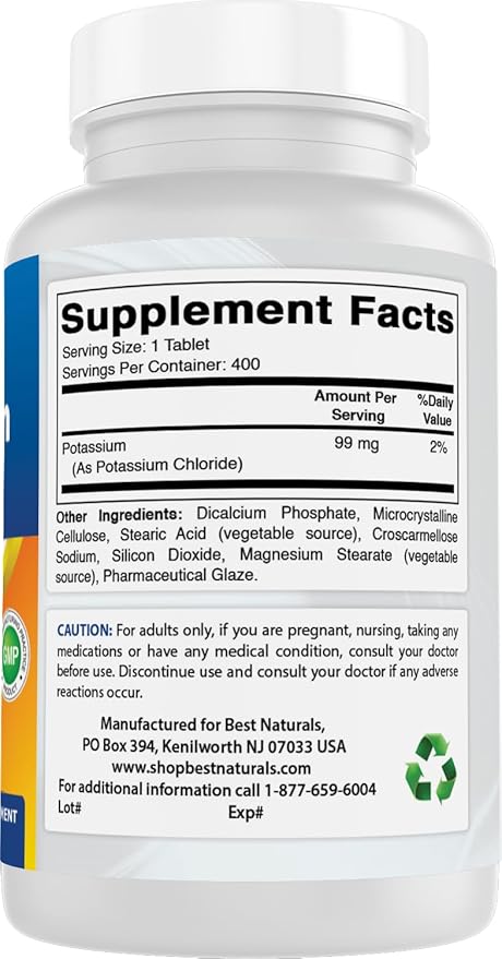 Best Naturals Potassium Chloride Supplement 99mg 400 Tablets - 3rd Party Lab Tested