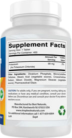 Best Naturals Potassium Chloride Supplement 99mg 400 Tablets - 3rd Party Lab Tested