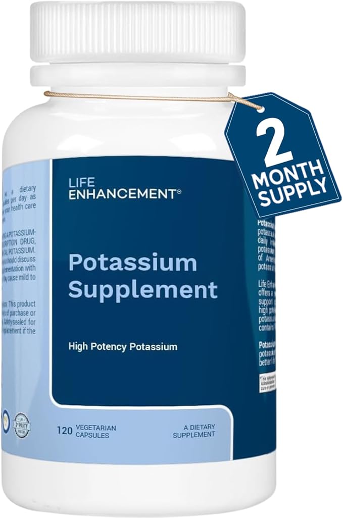 Life Enhancement High Potency 1020 mg Potassium Supplement for Muscle, Brain & Bone Health - No Additives High Absorption Elemental Potassium Supplement, Made in USA (120 Capsules – 60 Servings)