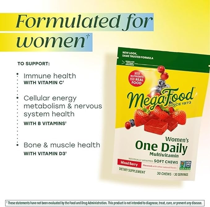 MegaFood Multivitamin for Women, One Daily Multivitamins, Soft Chews with Folate, Methylated B12, Vitamin B6, Biotin, Vitamin D3, C & A - Mixed Berry Flavor - Vegetarian, Non-GMO - 30 Chews, 2 Pack