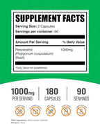 BulkSupplements.com Resveratrol Capsules - Resveratrol Supplement, Antioxidants Supplement, Resveratrol 1000mg - Gluten Free, 2 Capsules per Serving, 180 Count (Pack of 1)