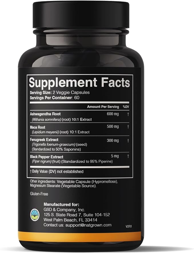 Natgrown Ashwagandha Maca Root Fenugreek Extract Capsules Supplement for Men & Women - Vegan Pills - (120 Count)
