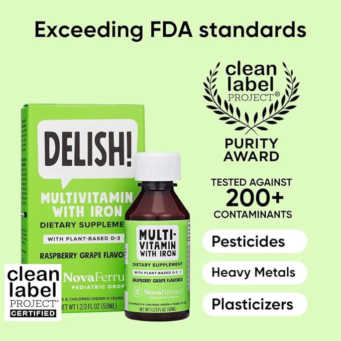 NovaFerrum Delish | Vegan Multivitamin with Iron for Infants, Toddlers & Kids | Immune Support | Organic Plant-Based D-3 | Gluten Free | Vegan Verified | Sugar Free | 1.69 Fl Oz (50 mL) (Pack of 2)