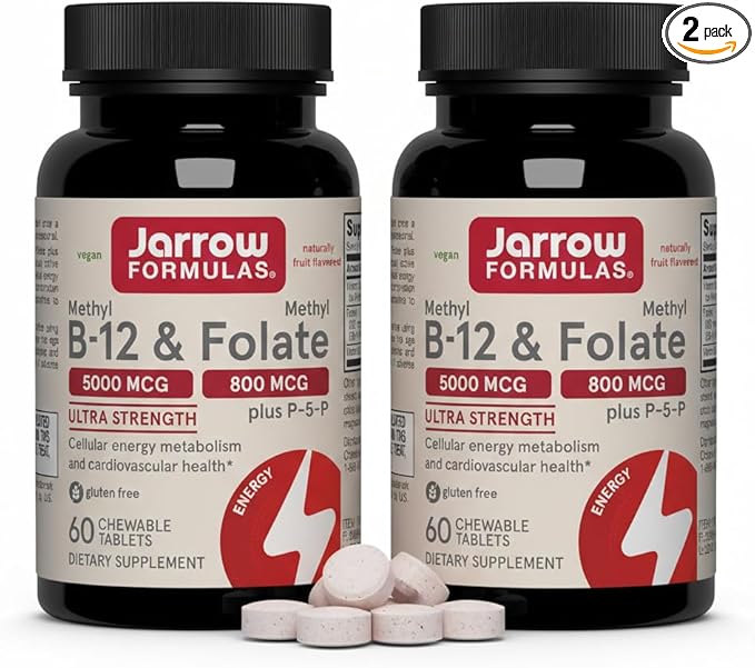 Jarrow Formulas Methyl B-12 & Methyl Folate, Bioactive Vitamin B9 and Vitamin B12 Supplement, Healthy Brain Function & Metabolism, 60 Chewable Tablets, 60 Servings (Pack of 2)