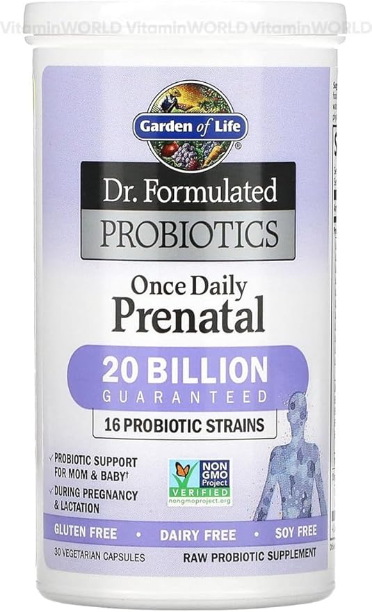 Garden of Life Dr. Formulated Probiotics Once Daily Prenatal - Acidophilus and Bifidobacteria Probiotic Support for Mom and Baby – Shelf Stable - Gluten, Dairy, and Soy-Free - 30 Vegetarian Capsules
