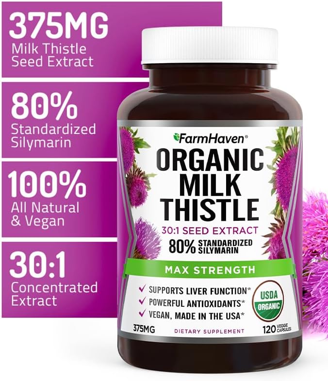 FarmHaven USDA Organic Milk Thistle Capsules | 30X Concentrated Seed Extract & 80% Silymarin Standardized - Supports Liver Function and Overall Health | Non-GMO | 240 Vegan Capsules