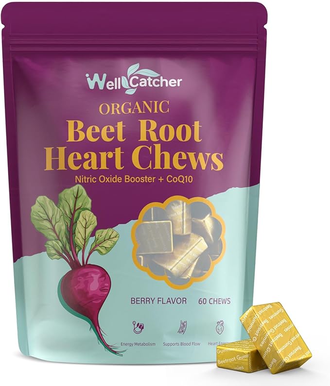 Organic Beet Root Chews Supplements: Beet soft Chews for Women Men Support Blood & Heart Health Nitric Oxide Boost with Grape Seed Extract CoQ10, Beet Root Gummies Vegan Non-GMO Berry Flavor 60CT