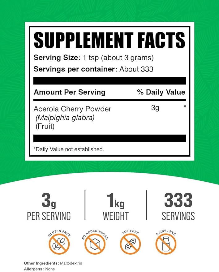 BulkSupplements.com Acerola Cherry Powder - Fruit Powder, Acerola Cherry Supplement, Vitamin C Supplement - Gluten Free, 3g per Serving, 1kg (2.2 lbs) (Pack of 1)