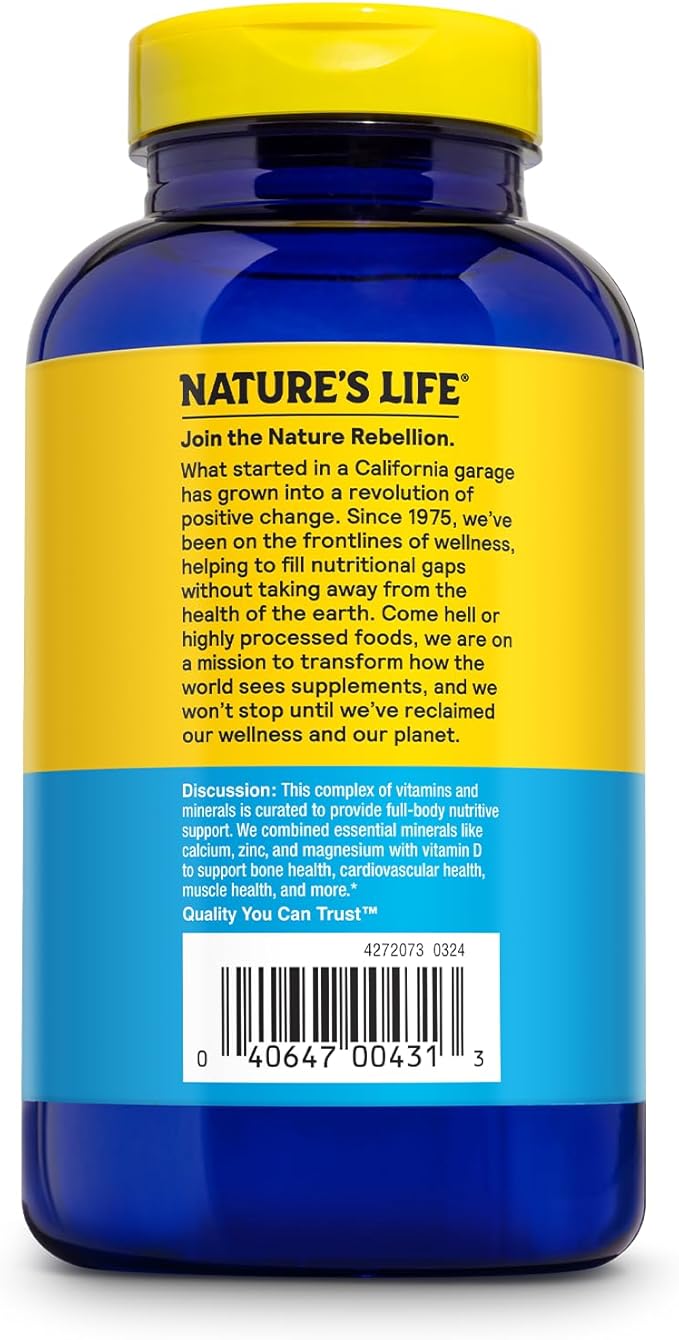 Nature's Life Cal Mag Zinc Complex - Calcium, Magnesium, & Zinc D3 Supplement, 800 mcg per Serving, Trace Mineral Support for Bones and Teeth, Vitamin Formula for Men and Women - 250 Count Tablets