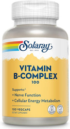 SOLARAY Vitamin B Complex 100mg - Cellular Energy, Nerve and Heart Health Support - Supplies All 8 B Complex Vitamins - Vitamin B12, B1, B2, B3, B6, Niacin, Folic Acid and Biotin - Vegan, 100 Servings