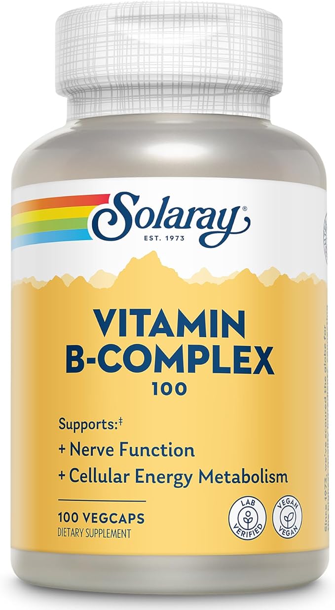 SOLARAY Vitamin B Complex 100mg - Cellular Energy, Nerve and Heart Health Support - Supplies All 8 B Complex Vitamins - Vitamin B12, B1, B2, B3, B6, Niacin, Folic Acid and Biotin - Vegan, 100 Servings