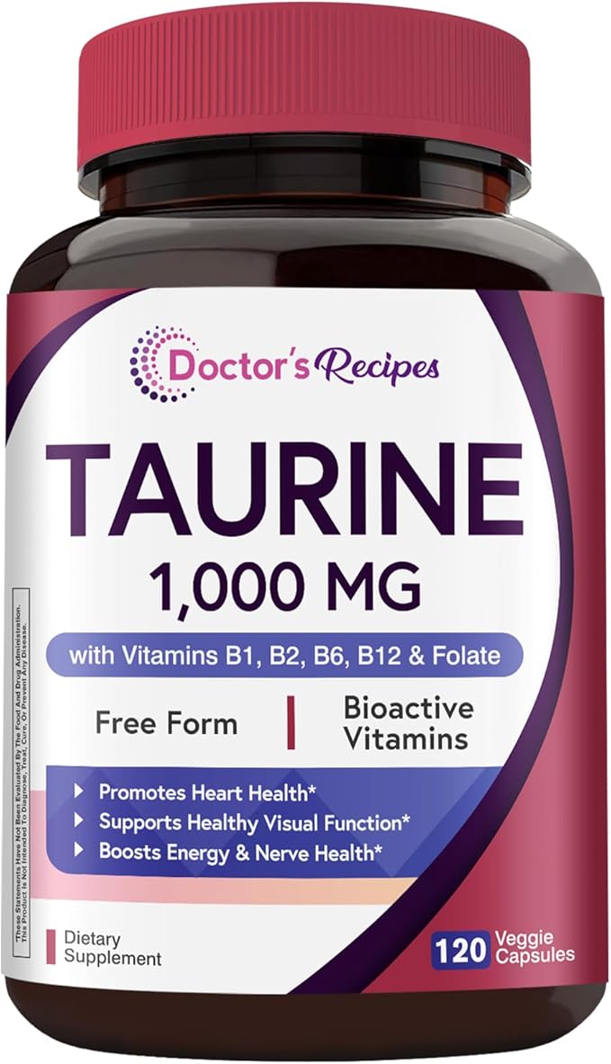 Doctor's Recipes Taurine Supplement 1000mg, Amino Acids Supplement with Vitamins B1, B2, B6, Folate, Methyl B12, Non-GMO, No Gluten & Soy, Support Heart, Visual, Nerve Health, 120 Veggie Capsules