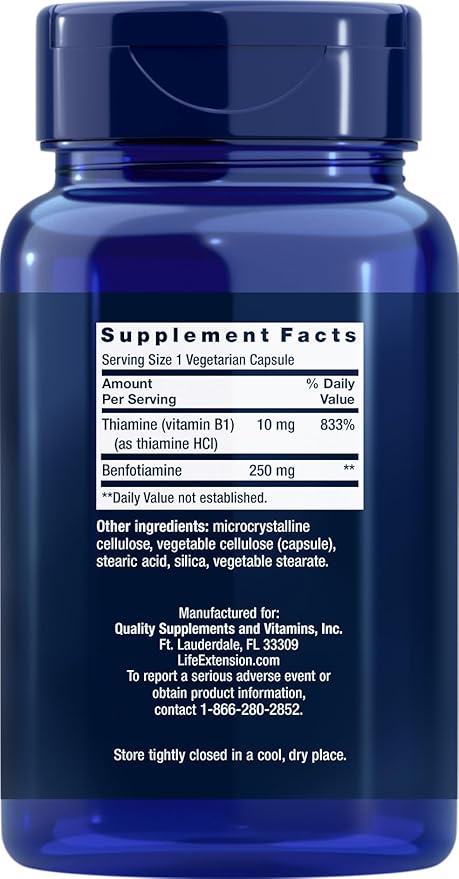 Life Extension Mega Benfotiamine 250 mg 180 Capsules (Pack of 2), Vegetarian Vitamin B Supplement with Thiamine