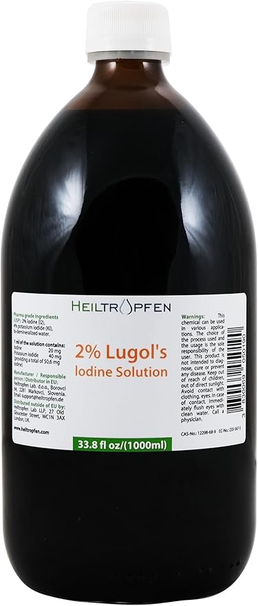 2% Lugols Iodine Solution | 33.8 Fl Oz - 1000 ml | Third-Party Tested | Pharma Grade Ingredients | Made with 2 Percent Iodine and 4% Potassium Iodide | Glass Bottle | Lugol's Solution | Heiltropfen®