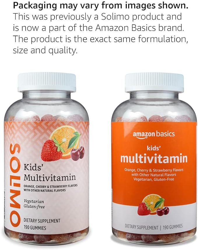 Amazon Basics Kids' Multivitamin Gummies, Cherry, Strawberry & Orange Flavors, 190 Count (Previously Solimo)