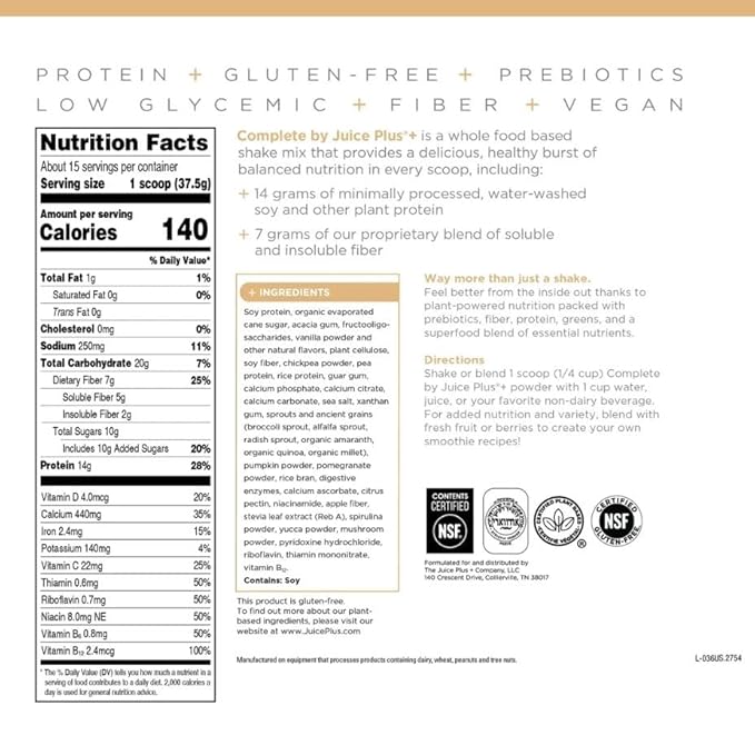 Complete by JuicePlus+ Single Serve French Vanilla Shakes - Plant-Based Nutrition - Whole Food Based Shake Powder with Protein, Fiber & Prebiotics - 30 Servings (2 Pouches, 30 Servings)