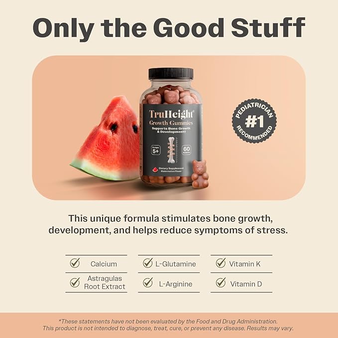 TruHeight Growth Gummies (Watermelon) Tall Nutrition for Natural Growth Supplement for Kids & Teens - Vitamin D, K, Calcium & Ashwagandha, Bone Strength Vitamins D3 K2, Picky Eater, Taller Ages 5+
