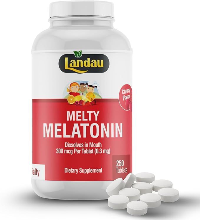 LANDAU 0.3mg-300 mcg Melty Melatonin for Kids & Adults – Easy-to-Take, Fast-Dissolving, Helps You Fall Asleep Faster – Kosher, Made in The USA – 250 Tablets, Cherry Flavor