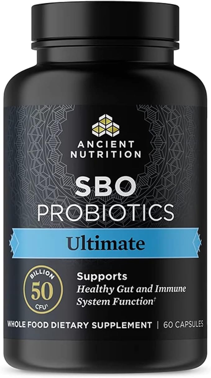 Ancient Nutrition Probiotics, SBO Probiotics Ultimate 50 Billion CFUs*/Serving, Digestive and Immune Support, Gluten Free, Ancient Superfoods Blend, 60 Capsules