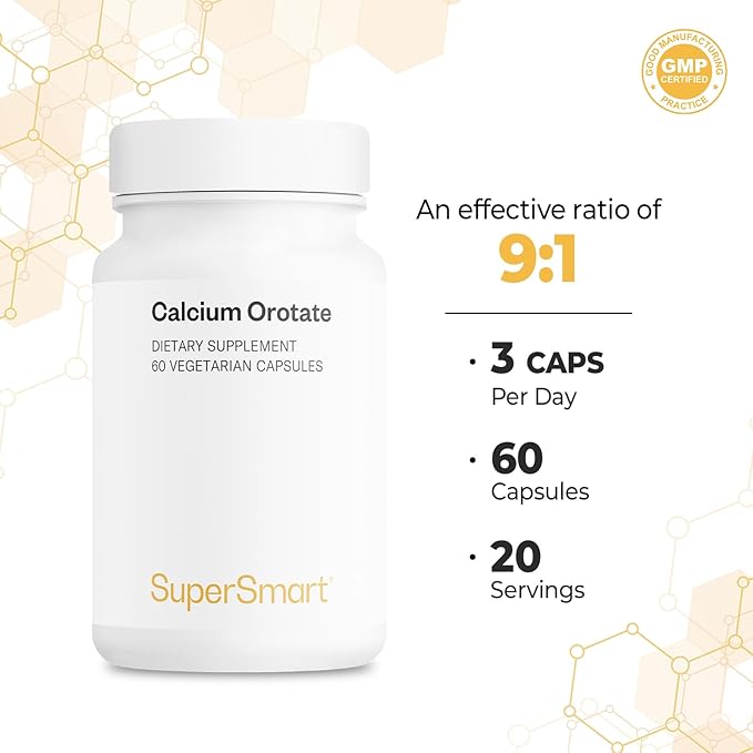 SuperSmart - Calcium Orotate with Magnesium Orotate 9:1 (Highly Bioavailable) - Advanced Teeth & Bones Strength Supplement | Non-GMO & Gluten Free - 60 Vegetarian Capsules